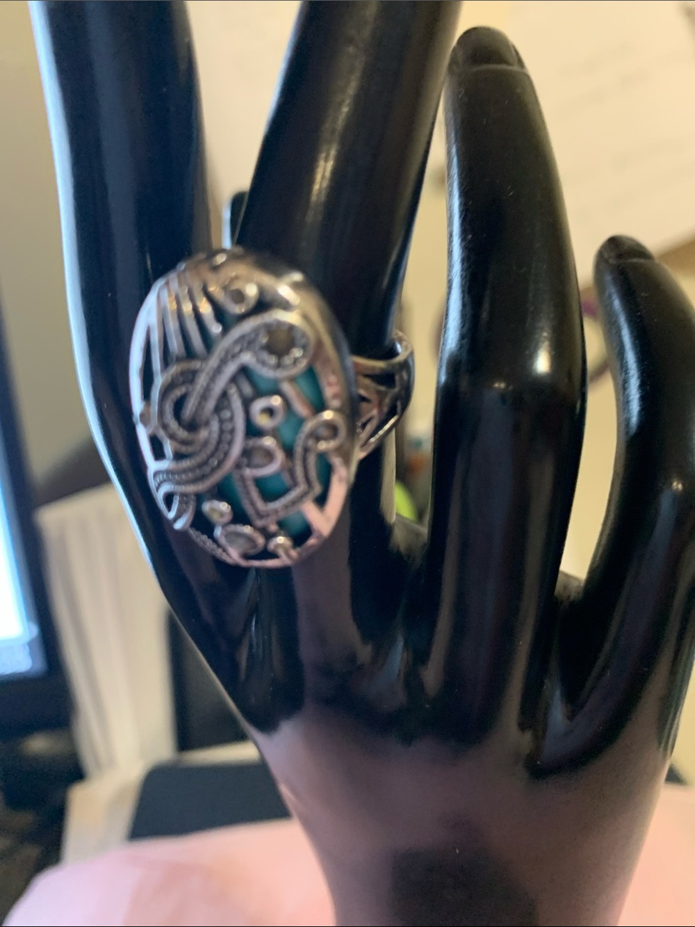 Silver Filigree Teal Stone Women's Ring Size 7